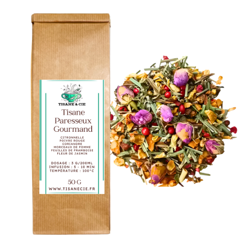 Sachet en papier kraft brun de Tisane Paresseux Gourmand de Tisane & Cie, avec une étiquette verte indiquant les ingrédients (citronnelle, poivre orange, coriandre, morceaux de pomme, feuilles de framboise, fleur de jasmin), le dosage et la température d'infusion. À côté du sachet, un monticule de tisane sèche vibrante, contenant des feuilles vertes, des baies rouges, des morceaux de fruits orangés et des boutons de rose violets, suggérant un mélange floral gourmand et aromatique