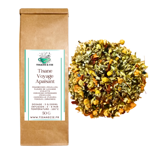 sachet en papier kraft et vrac de tisane bio Voyage Apaisant avec framboises, fleurs de lavande, verveine citronnelle, camomille et fenouil