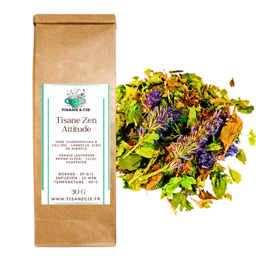 sachet en papier kraft et vrac de tisane bio Zen Attitude avec cannelle, clou de girofle, mauve et tulsi