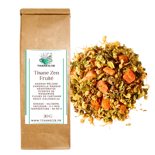 Tisane Zen Fruité, mélange relaxant et fruité en paquet de 30g. Ingrédients : ananas, mélisse, camomille, mangue, mandarine, carthame, souci. Idéal pour la détente.