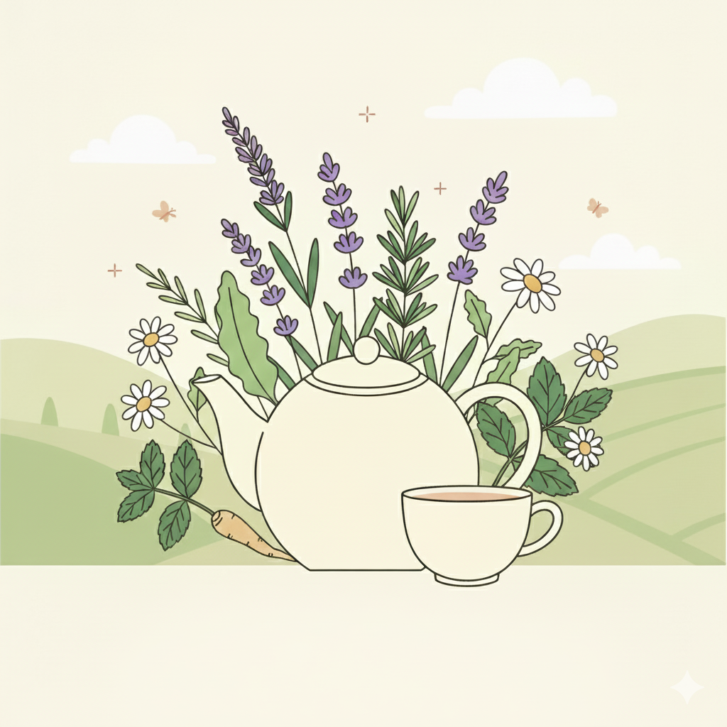 Une théière blanche est surmontée d'un arrangement de fleurs de lavande violette, de marguerites blanches et d'herbes vertes variées. Une carotte est visible sortant de la base de la théière. À côté, une tasse blanche contient une boisson couleur thé. Le tout est posé sur un fond de collines vertes avec des nuages et des papillons discrets.