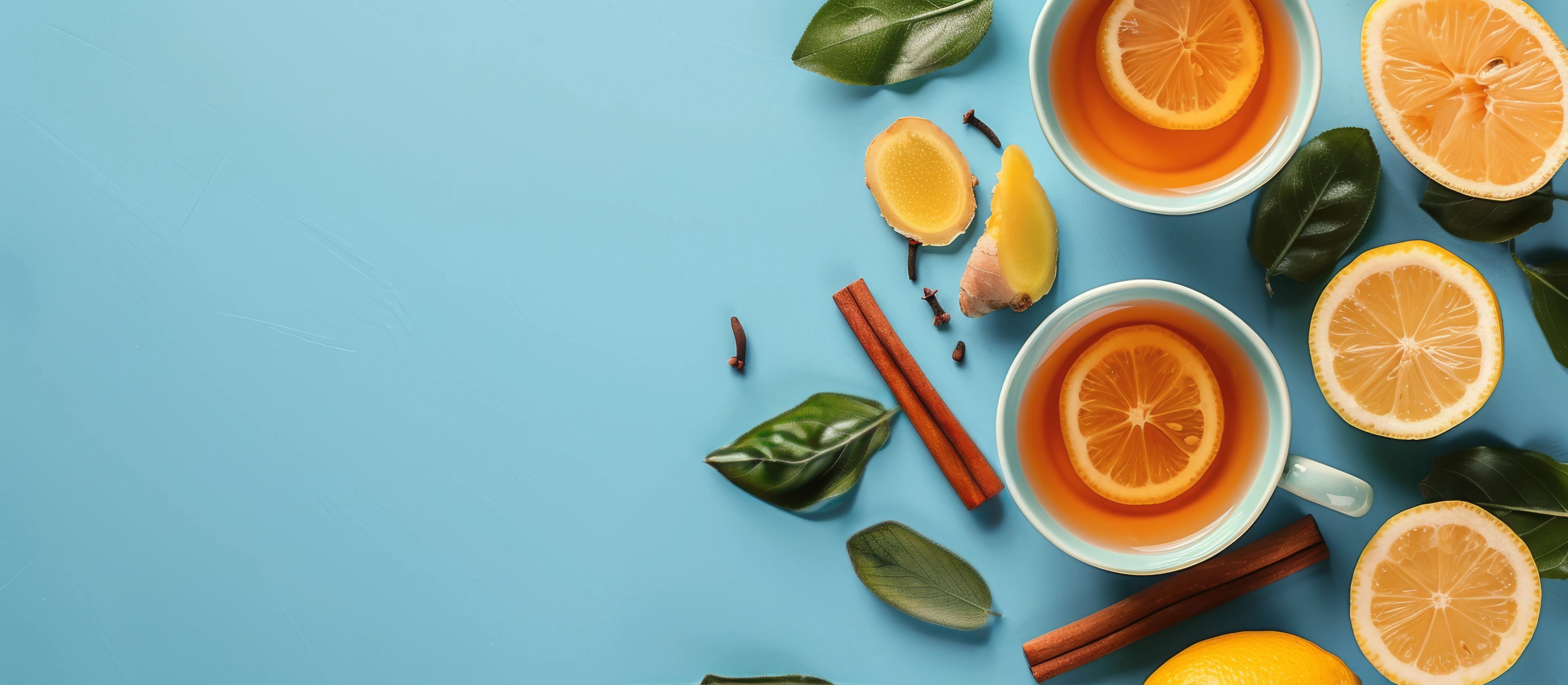 Vue aérienne de deux tasses bleu clair de thé ambré, chacune ornée d'une tranche de citron, posées sur une surface bleu vif. Les tasses sont entourées d'ingrédients bien-être, dont des tranches de gingembre frais, des clous de girofle entiers, des bâtons de cannelle, des feuilles de sauge fraîche et plusieurs moitiés de citron coupées