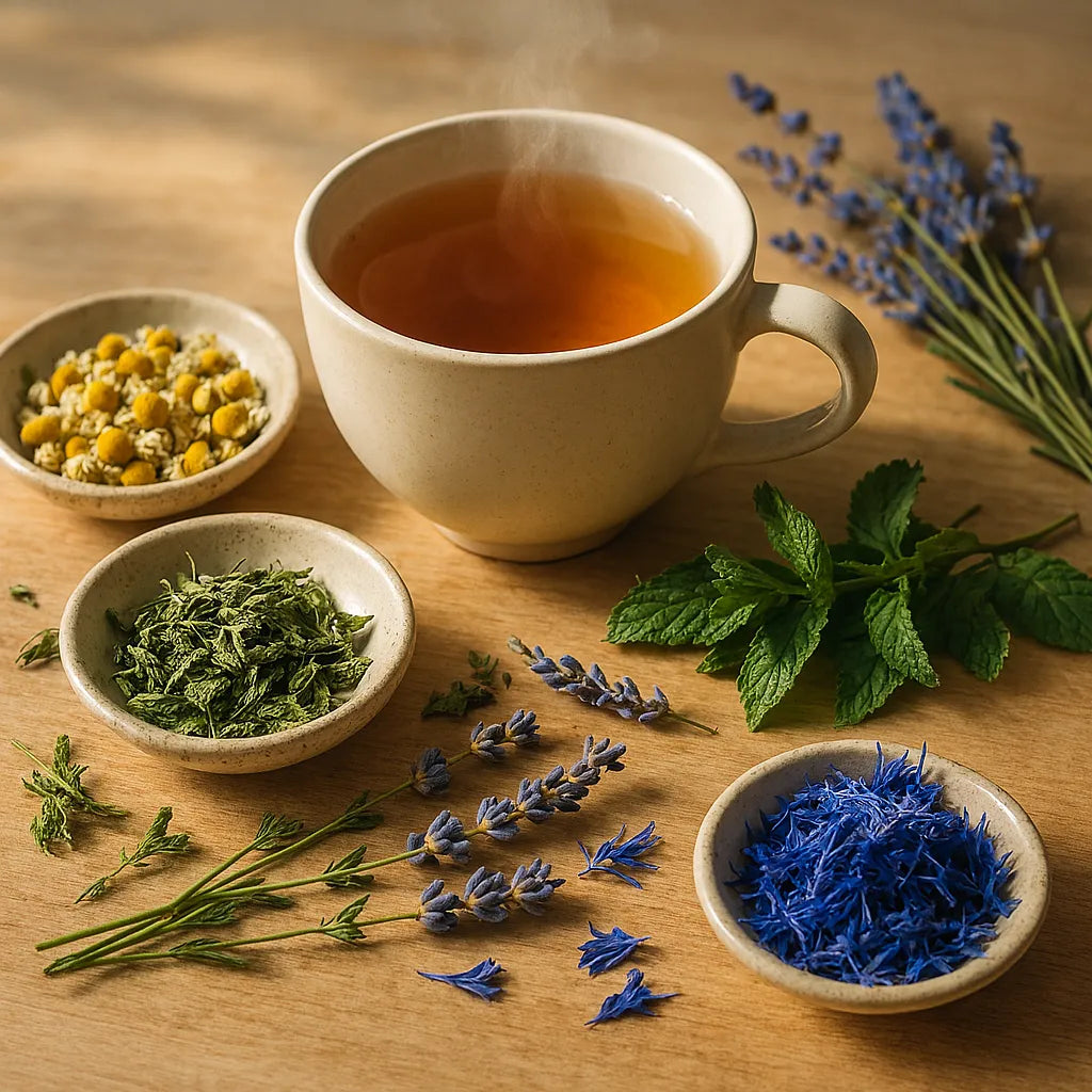 Une tasse de tisane fumante est posée sur une table en bois clair. Autour d'elle, des tas de camomille séchée, de lavande, de menthe et de bleuet sont disposés, créant une ambiance chaleureuse et naturelle