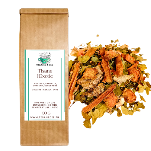 sachet en papier kraft et vrac de tisane bio l'Exotic avec moringa, cannelle, curcuma et gingembre