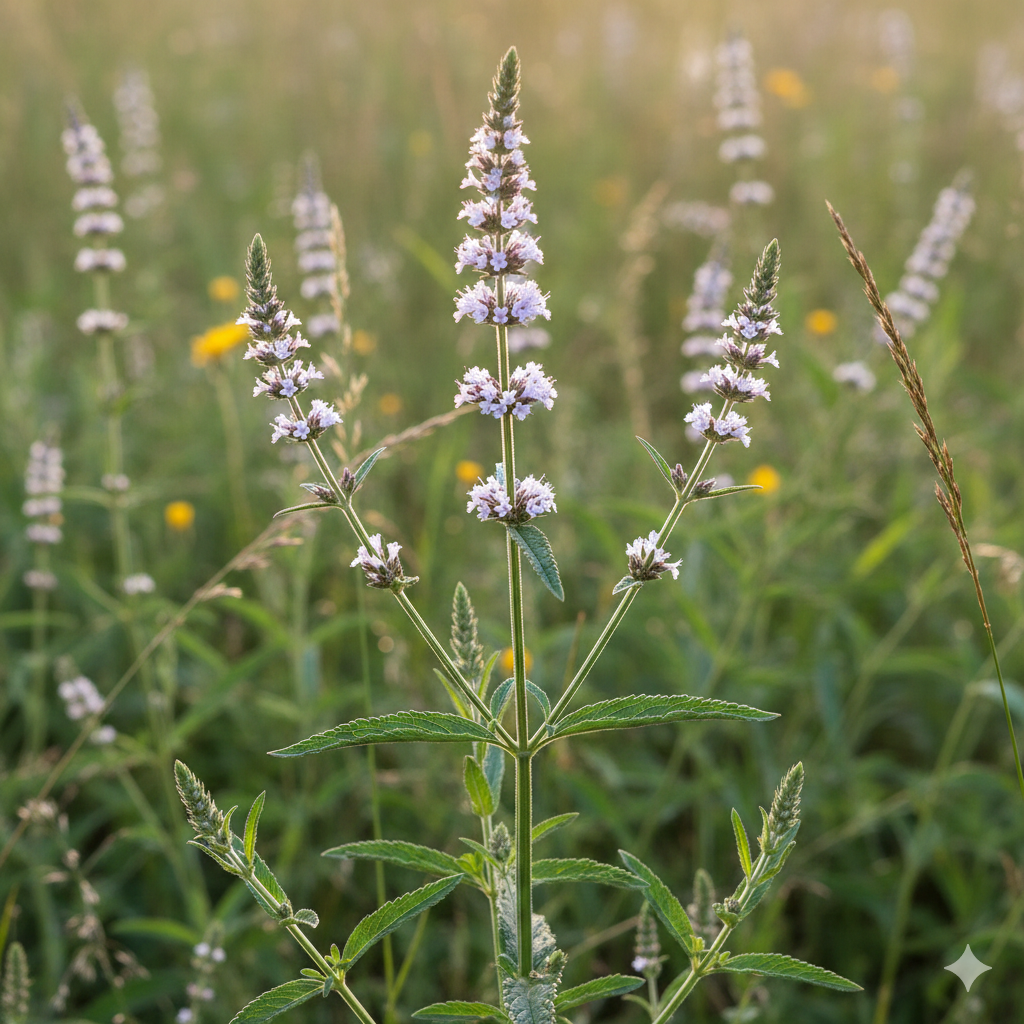plante de Verveine Officinale (Verbena officinalis) en pleine floraison dans un champ. La plante principale présente trois tiges florales dressées portant de petits épis de fleurs tubulaires de couleur blanc-mauve pâle. Les feuilles sont vert foncé, lobées et dentelées, et les tiges sont quadrangulaires.