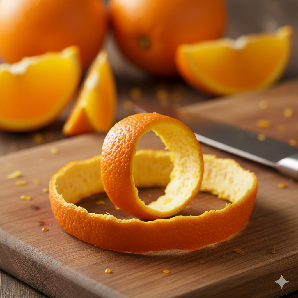 Gros plan sur des morceaux et des spirales de zeste d'orange vif et brillant, déposés sur une surface claire. On distingue la texture granuleuse de l'écorce et sa couleur riche en huile essentielle