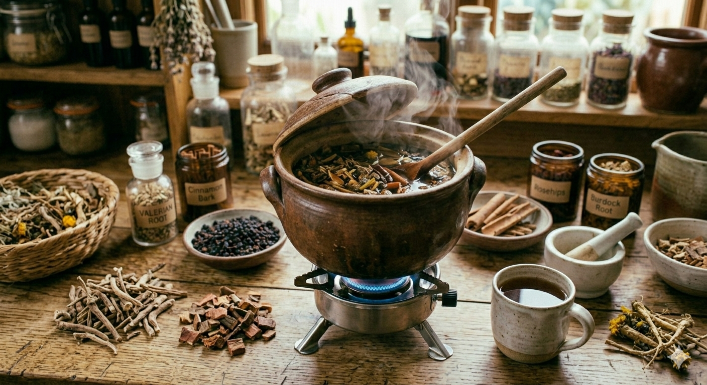 Une marmite en terre cuite sur un réchaud contenant une décoction de racines et d'écorces de plantes médicinales dans un atelier d'herboriste. Image