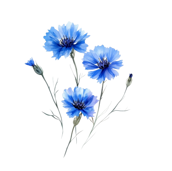 Bouquet de fleurs de bleuet sauvage d'un bleu intense, récolte locale et herboristerie artisanale pour agrémenter les infusions et sucres aromatisés de Tisane et Cie Image